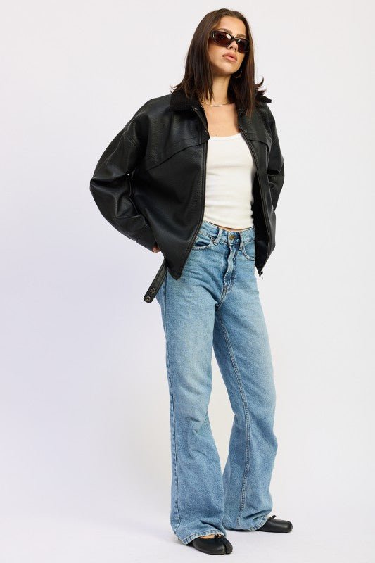 SHEARLING COLLAR VEGAN LEATHER JACKET - Blu Lotus Boutique