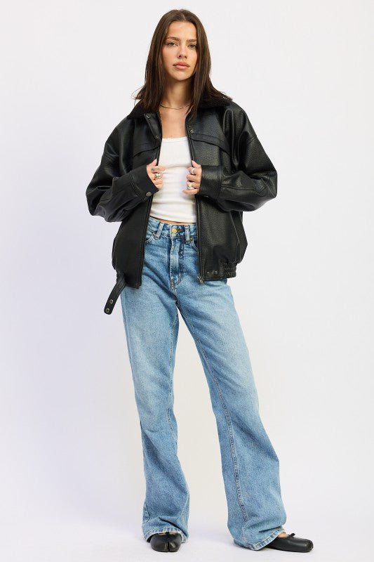 SHEARLING COLLAR VEGAN LEATHER JACKET - Blu Lotus Boutique