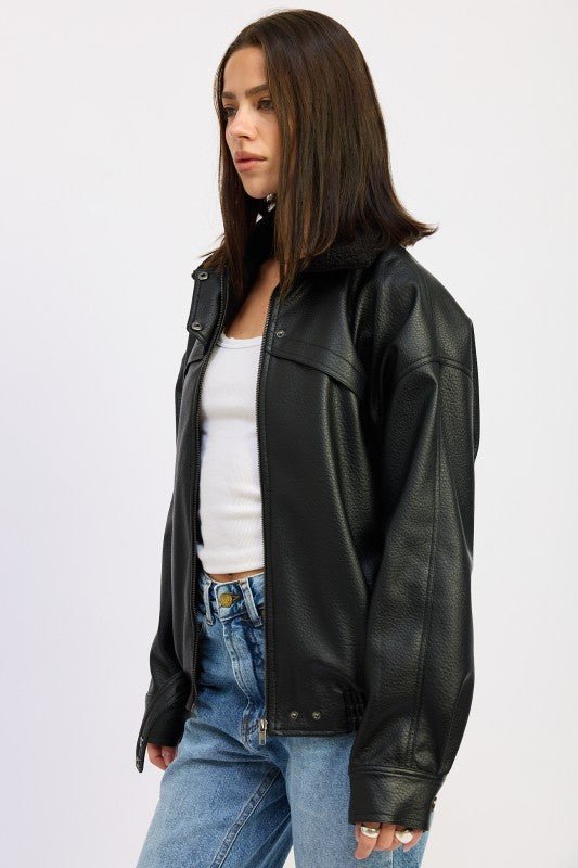 SHEARLING COLLAR VEGAN LEATHER JACKET - Blu Lotus Boutique