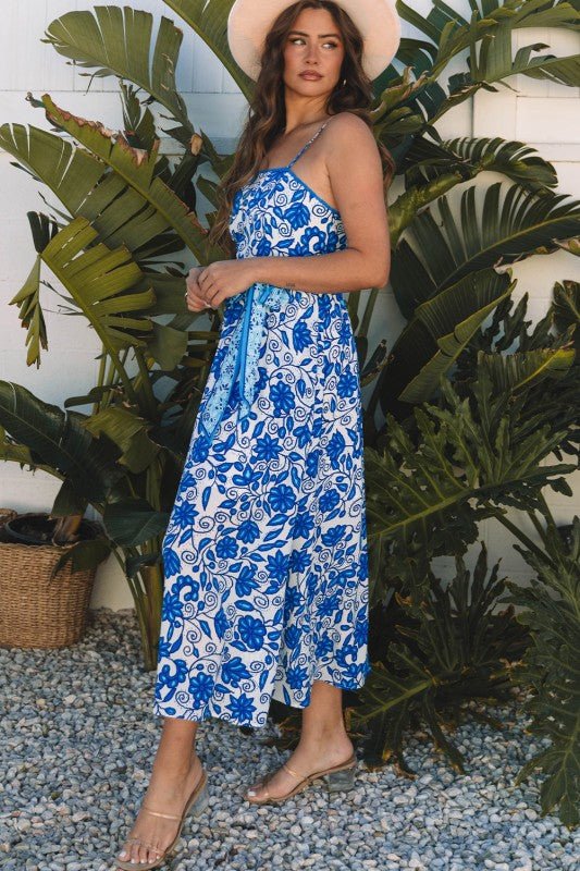 Shelby Floral Spaghetti Strap Maxi Dress with Wais - Blu Lotus Boutique