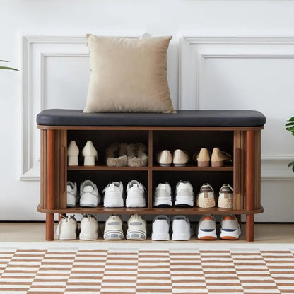 Shoe Bench, Entryway Shoe Cabinet with Leather Cushion and Sliding Door, Modern Shoe Storage Organizer for Living Room, Hallway - Blu Lotus Boutique