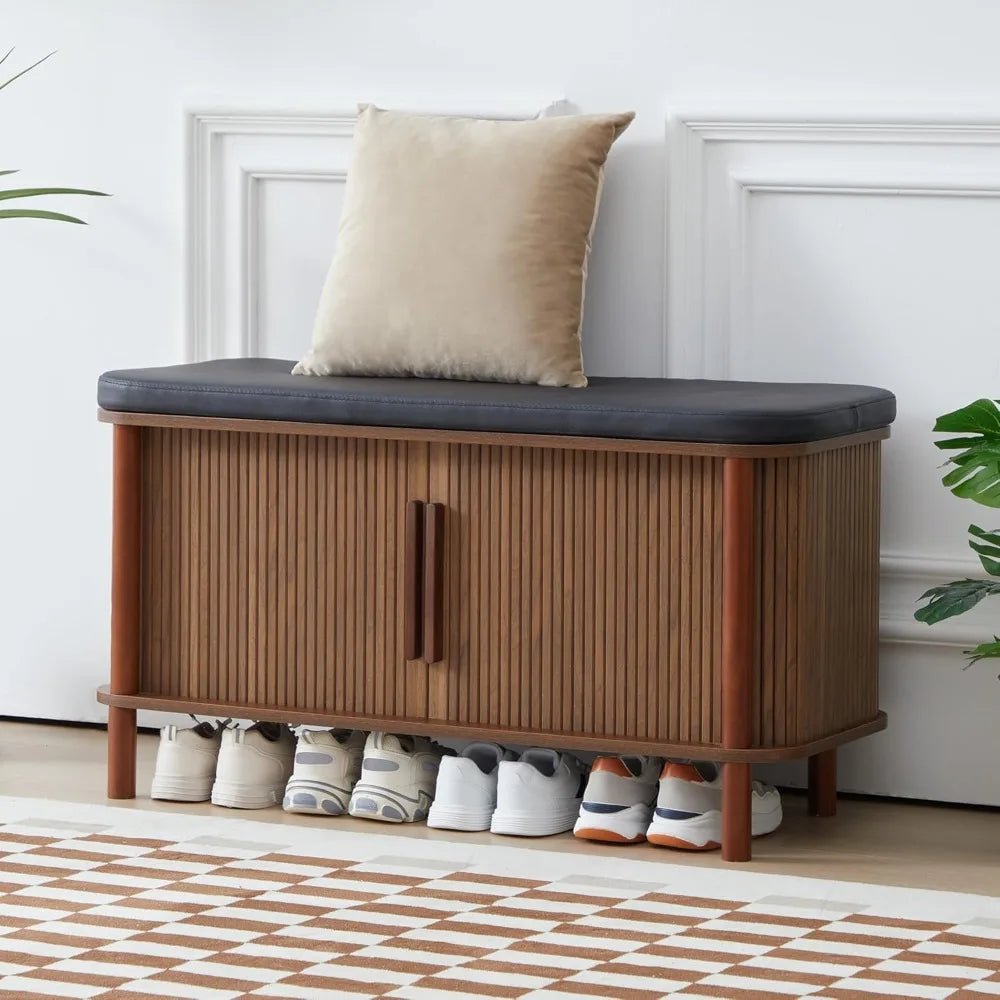 Shoe Bench, Entryway Shoe Cabinet with Leather Cushion and Sliding Door, Modern Shoe Storage Organizer for Living Room, Hallway - Blu Lotus Boutique