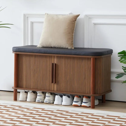 Shoe Bench, Entryway Shoe Cabinet with Leather Cushion and Sliding Door, Modern Shoe Storage Organizer for Living Room, Hallway - Blu Lotus Boutique