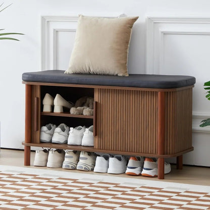 Shoe Bench, Entryway Shoe Cabinet with Leather Cushion and Sliding Door, Modern Shoe Storage Organizer for Living Room, Hallway - Blu Lotus Boutique
