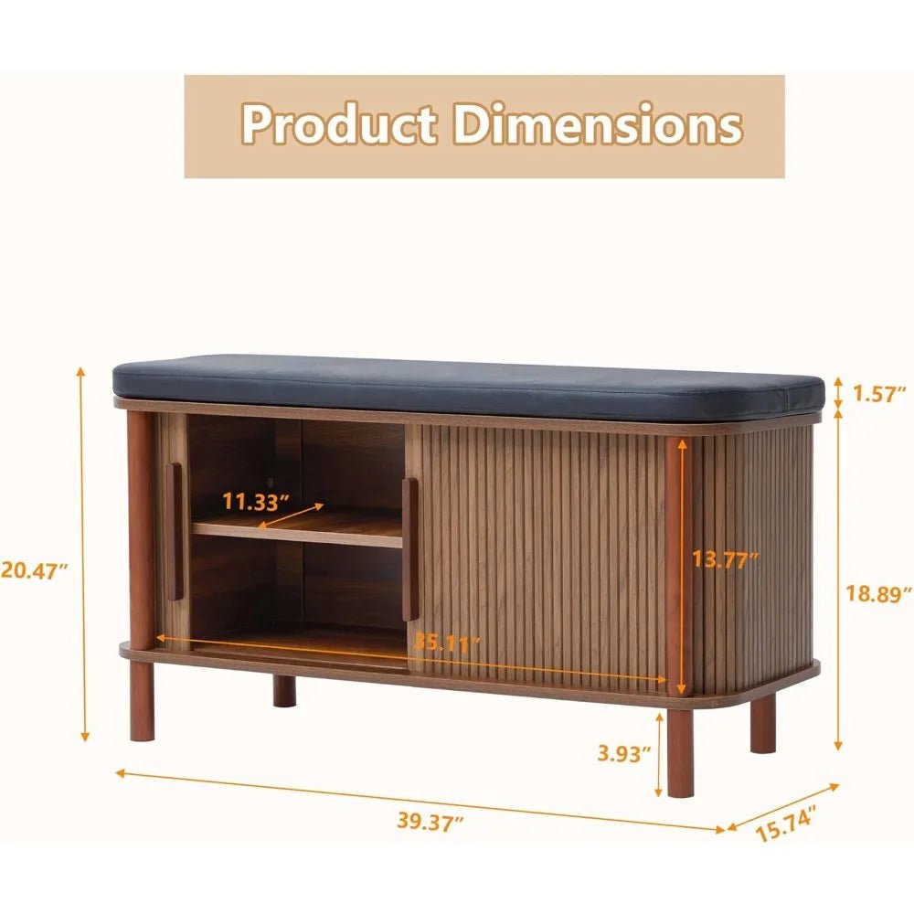 Shoe Bench, Entryway Shoe Cabinet with Leather Cushion and Sliding Door, Modern Shoe Storage Organizer for Living Room, Hallway - Blu Lotus Boutique