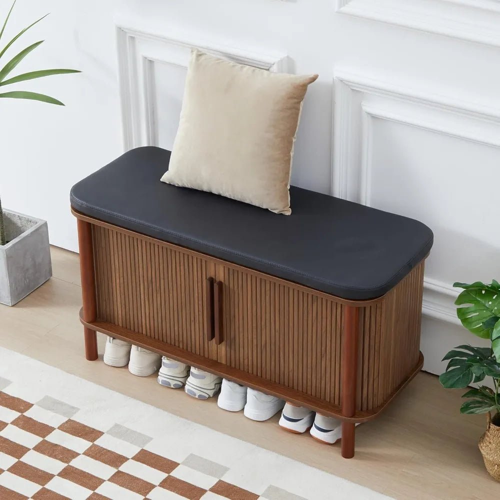 Shoe Bench, Entryway Shoe Cabinet with Leather Cushion and Sliding Door, Modern Shoe Storage Organizer for Living Room, Hallway - Blu Lotus Boutique