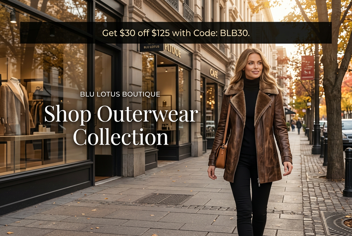 Shop Outerwear Collection hero banner with city storefronts and promotional strip