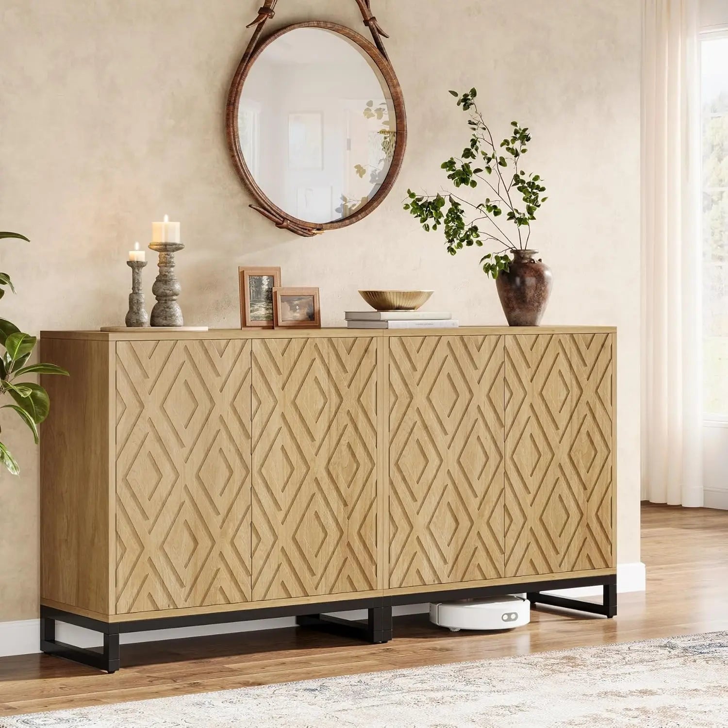 Sideboard Buffet Cabinet,Farmhouse Coffee Bar Cabinet with 4 Doors,Credenza Buffet Table for Dining Room, Kitchen, Living Room - Blu Lotus Boutique