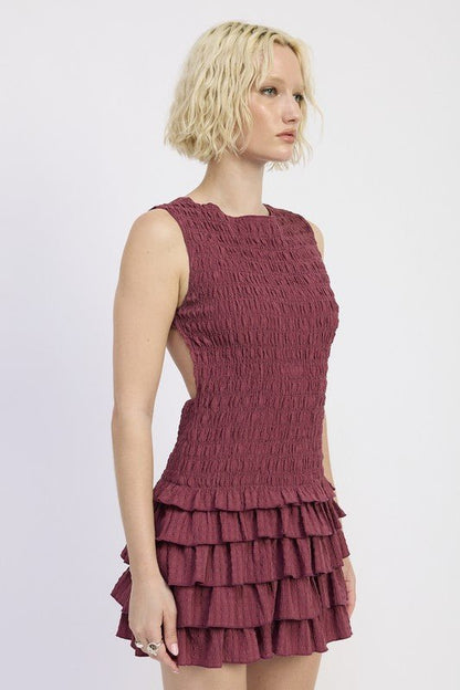 SLEEVELESS SMOCKED MINI DRESS WITH RUFFLE - Blu Lotus Boutique