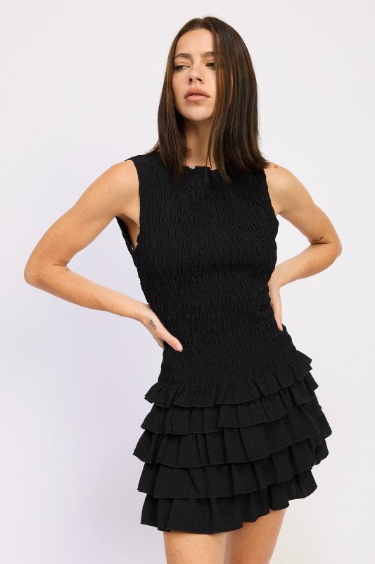 SLEEVELESS SMOCKED MINI DRESS WITH RUFFLE - Blu Lotus Boutique