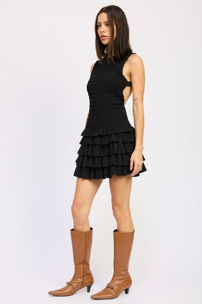 SLEEVELESS SMOCKED MINI DRESS WITH RUFFLE - Blu Lotus Boutique