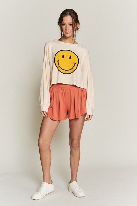 SMILEY FACE LONG SLEEVE CROP TOP - Blu Lotus Boutique