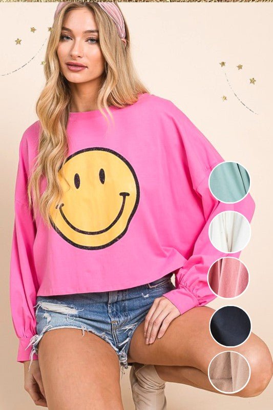 SMILEY FACE LONG SLEEVE CROP TOP - Blu Lotus Boutique
