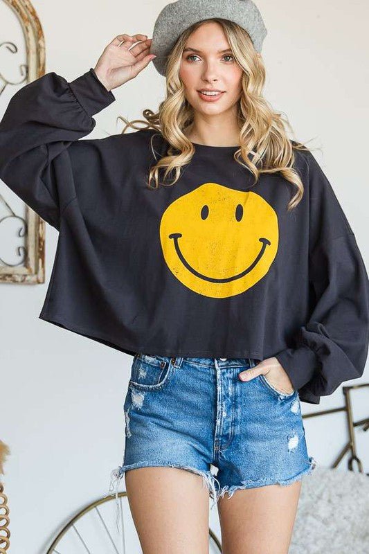 SMILEY FACE LONG SLEEVE CROP TOP - Blu Lotus Boutique
