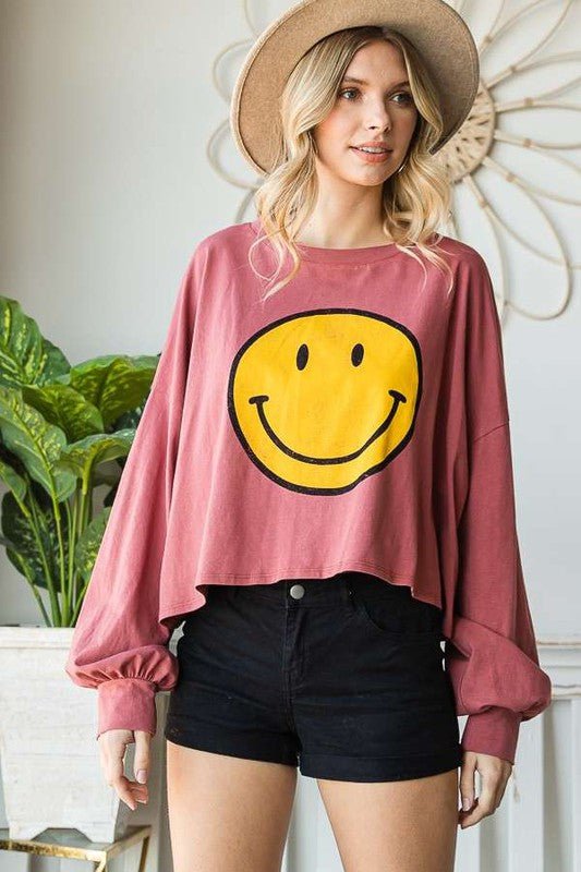 SMILEY FACE LONG SLEEVE CROP TOP - Blu Lotus Boutique
