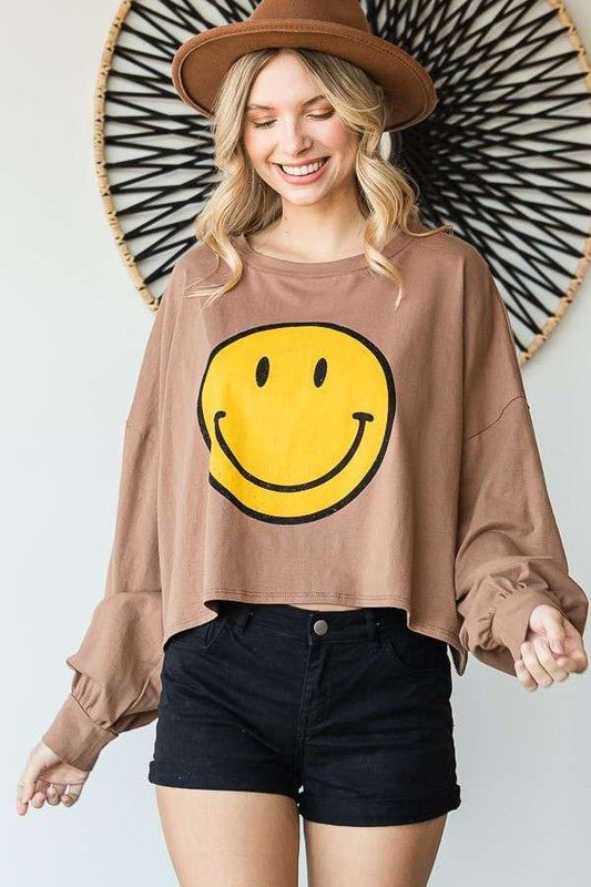 SMILEY FACE LONG SLEEVE CROP TOP - Blu Lotus Boutique