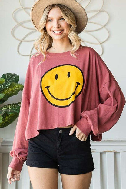 SMILEY FACE LONG SLEEVE CROP TOP - Blu Lotus Boutique