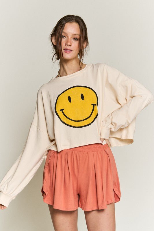SMILEY FACE LONG SLEEVE CROP TOP FULL SIZE - Blu Lotus Boutique