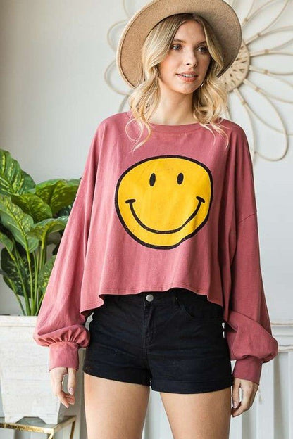 SMILEY FACE LONG SLEEVE CROP TOP FULL SIZE - Blu Lotus Boutique