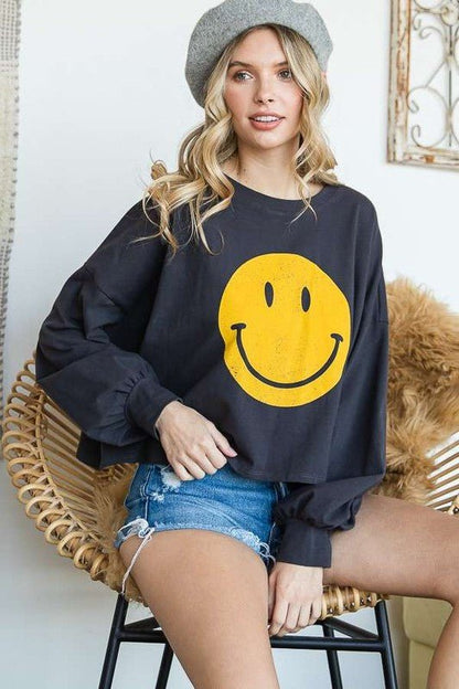 SMILEY FACE LONG SLEEVE CROP TOP FULL SIZE - Blu Lotus Boutique