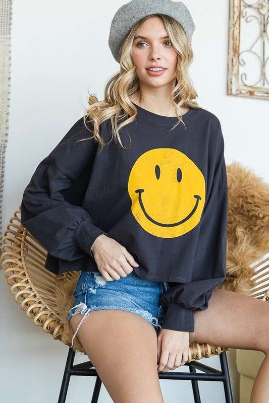 SMILEY FACE LONG SLEEVE CROP TOP FULL SIZE - Blu Lotus Boutique