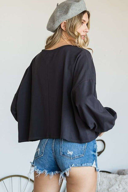 SMILEY FACE LONG SLEEVE CROP TOP FULL SIZE - Blu Lotus Boutique