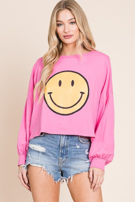 SMILEY FACE LONG SLEEVE CROP TOP FULL SIZE - Blu Lotus Boutique