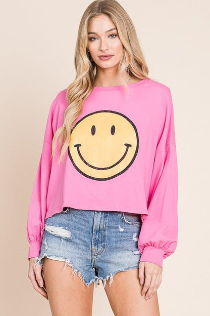 SMILEY FACE LONG SLEEVE CROP TOP FULL SIZE - Blu Lotus Boutique
