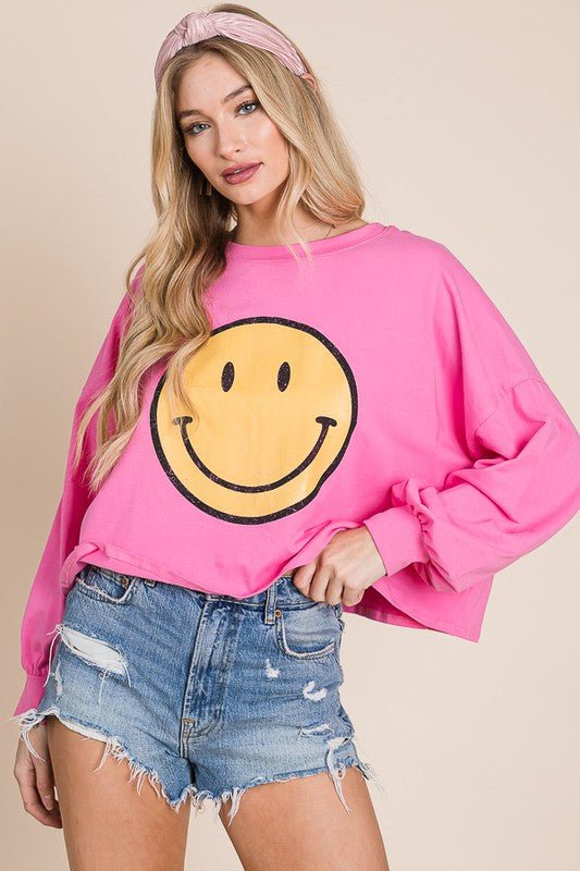SMILEY FACE LONG SLEEVE CROP TOP FULL SIZE - Blu Lotus Boutique