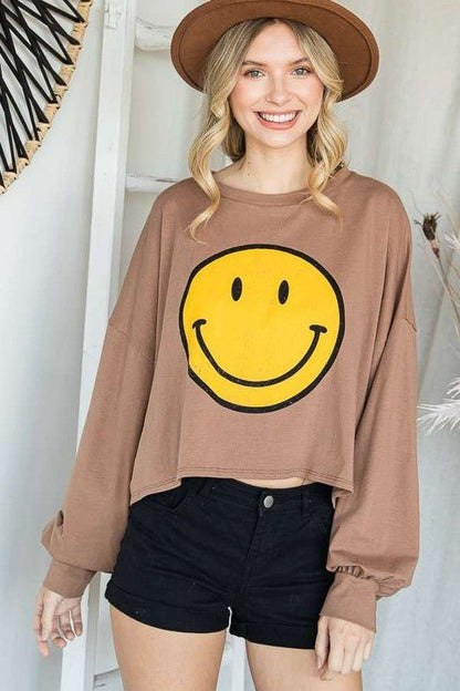 SMILEY FACE LONG SLEEVE CROP TOP FULL SIZE - Blu Lotus Boutique