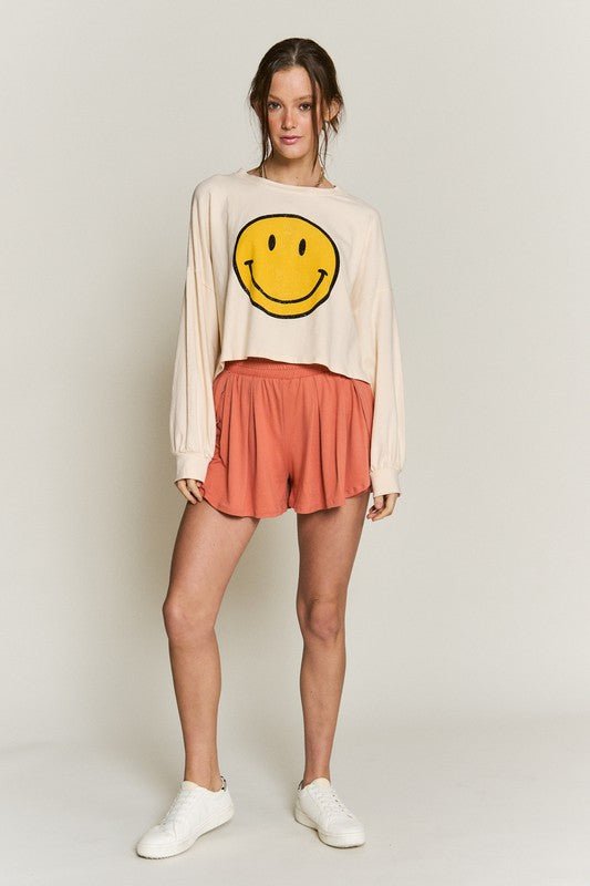 SMILEY FACE LONG SLEEVE CROP TOP FULL SIZE - Blu Lotus Boutique