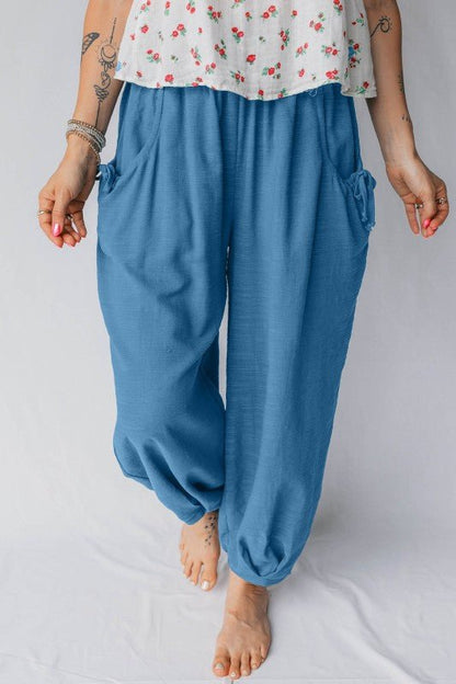 Smocked High Waist Drawstring Pocket Jogger Pants - Blu Lotus Boutique
