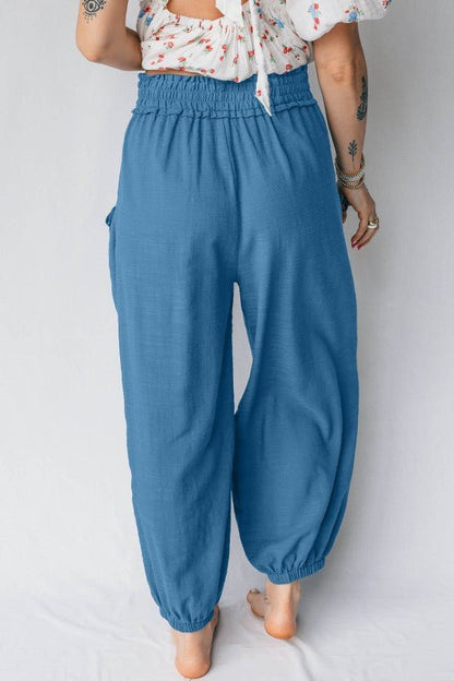 Smocked High Waist Drawstring Pocket Jogger Pants - Blu Lotus Boutique