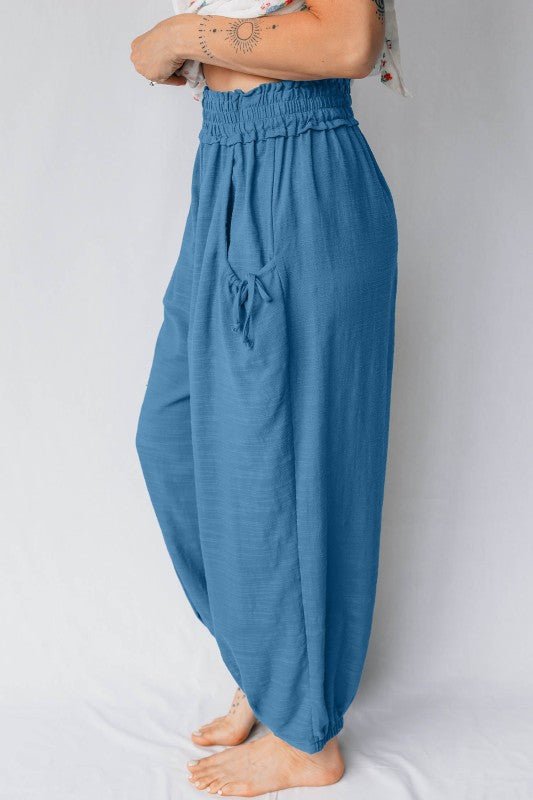 Smocked High Waist Drawstring Pocket Jogger Pants - Blu Lotus Boutique