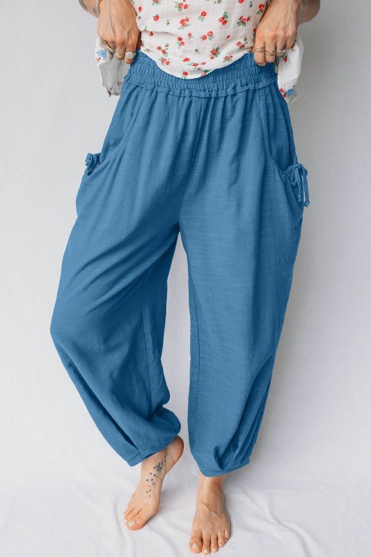 Smocked High Waist Drawstring Pocket Jogger Pants - Blu Lotus Boutique