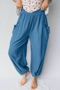 Smocked High Waist Drawstring Pocket Jogger Pants - Blu Lotus Boutique