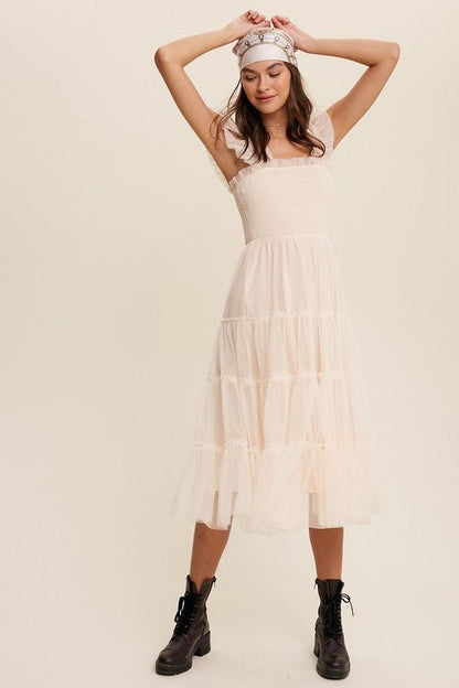 Smocked Ruffle Tiered Mesh Midi Maxi Dress - Blu Lotus Boutique