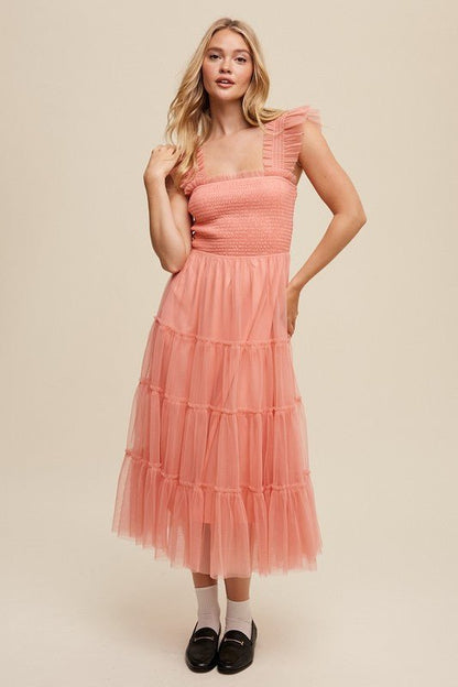 Smocked Ruffle Tiered Mesh Midi Maxi Dress - Blu Lotus Boutique