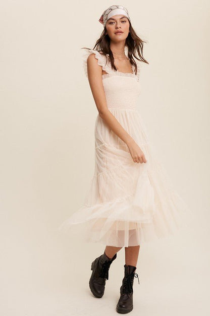 Smocked Ruffle Tiered Mesh Midi Maxi Dress - Blu Lotus Boutique