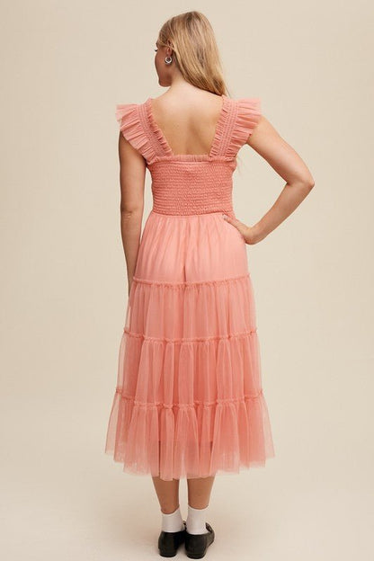 Smocked Ruffle Tiered Mesh Midi Maxi Dress - Blu Lotus Boutique