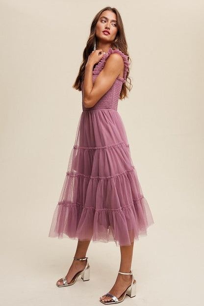 Smocked Ruffle Tiered Mesh Midi Maxi Dress - Blu Lotus Boutique