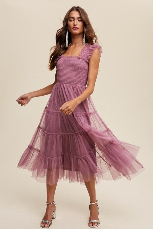 Smocked Ruffle Tiered Mesh Midi Maxi Dress - Blu Lotus Boutique