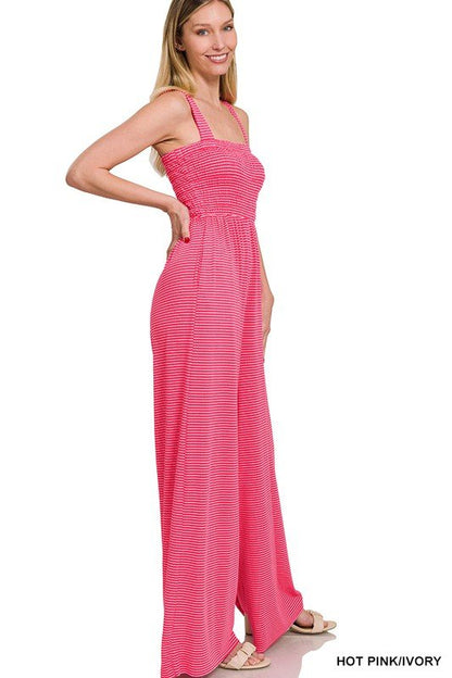 Smocked Top Striped Jumpsuit - Blu Lotus Boutique