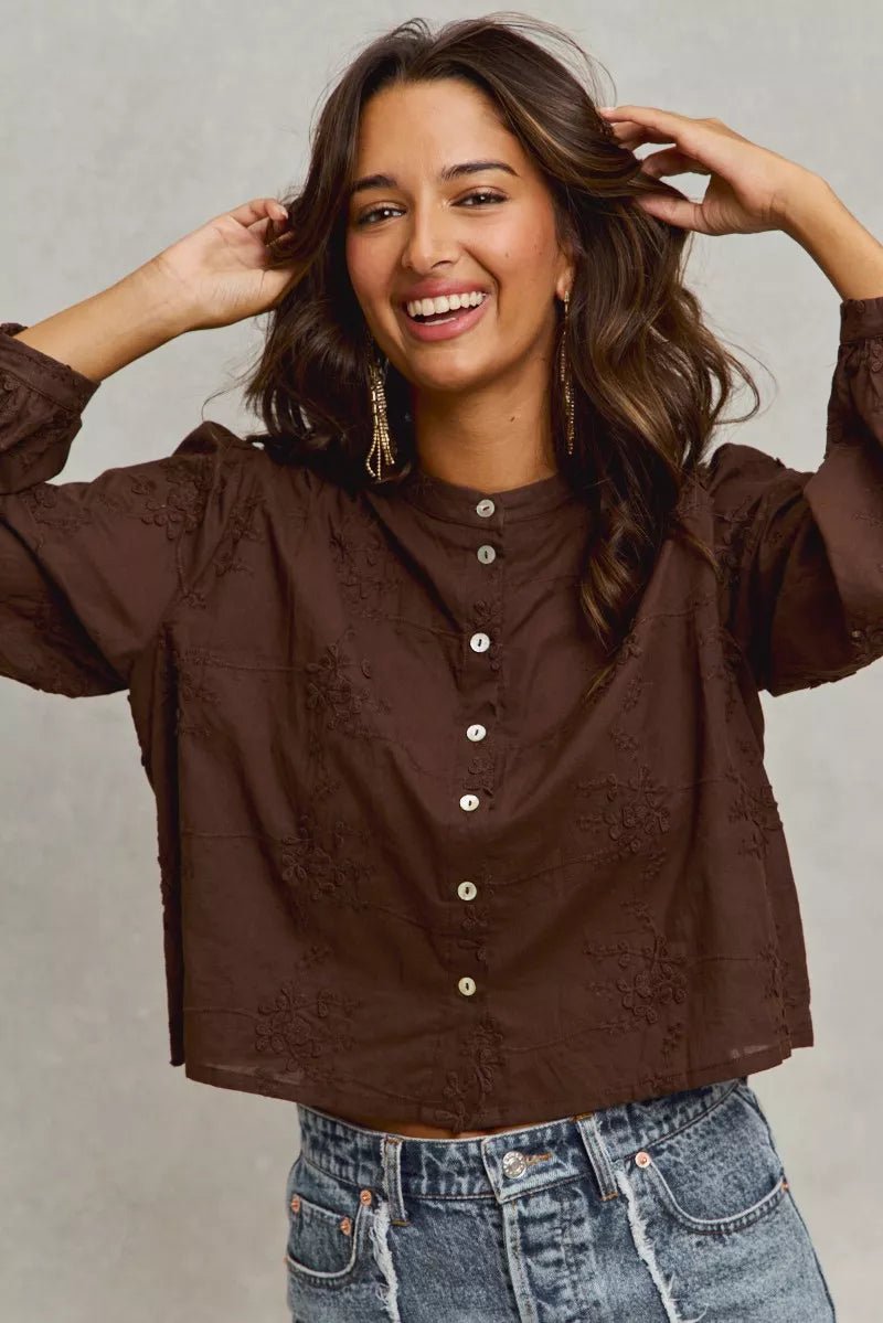 SO ME 3d Floral Woven Long Sleeve Front Button Shirt - Blu Lotus Boutique