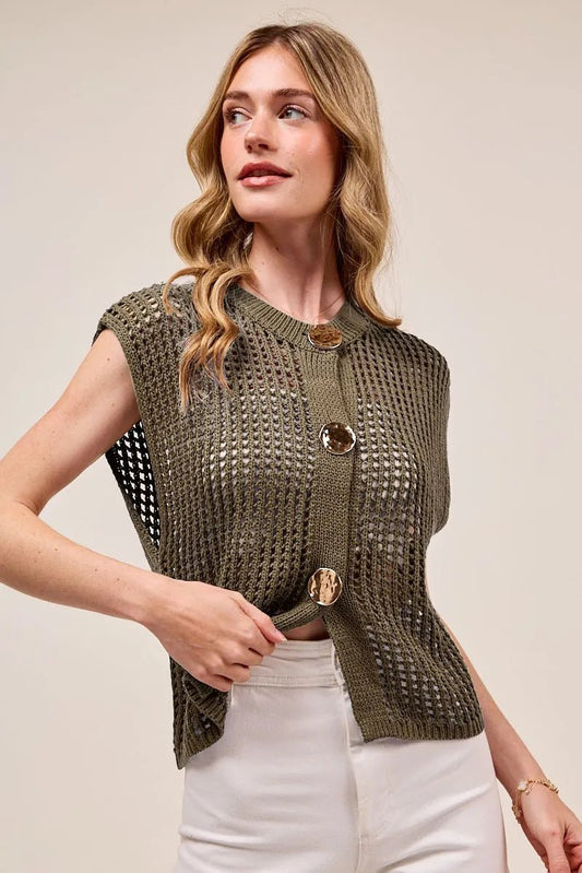 SO ME Big Metal Button Front Openwork Sweater Vest - Blu Lotus Boutique