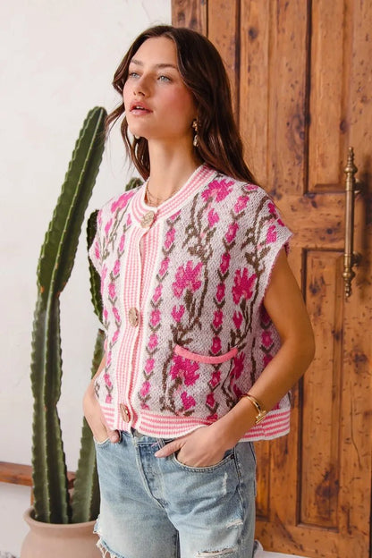 SO ME Button Front Floral and Stripe Knitted Sweater Vest - Blu Lotus Boutique