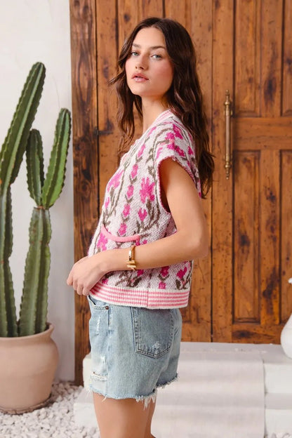 SO ME Button Front Floral and Stripe Knitted Sweater Vest - Blu Lotus Boutique