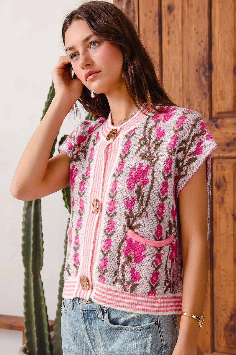SO ME Button Front Floral and Stripe Knitted Sweater Vest - Blu Lotus Boutique