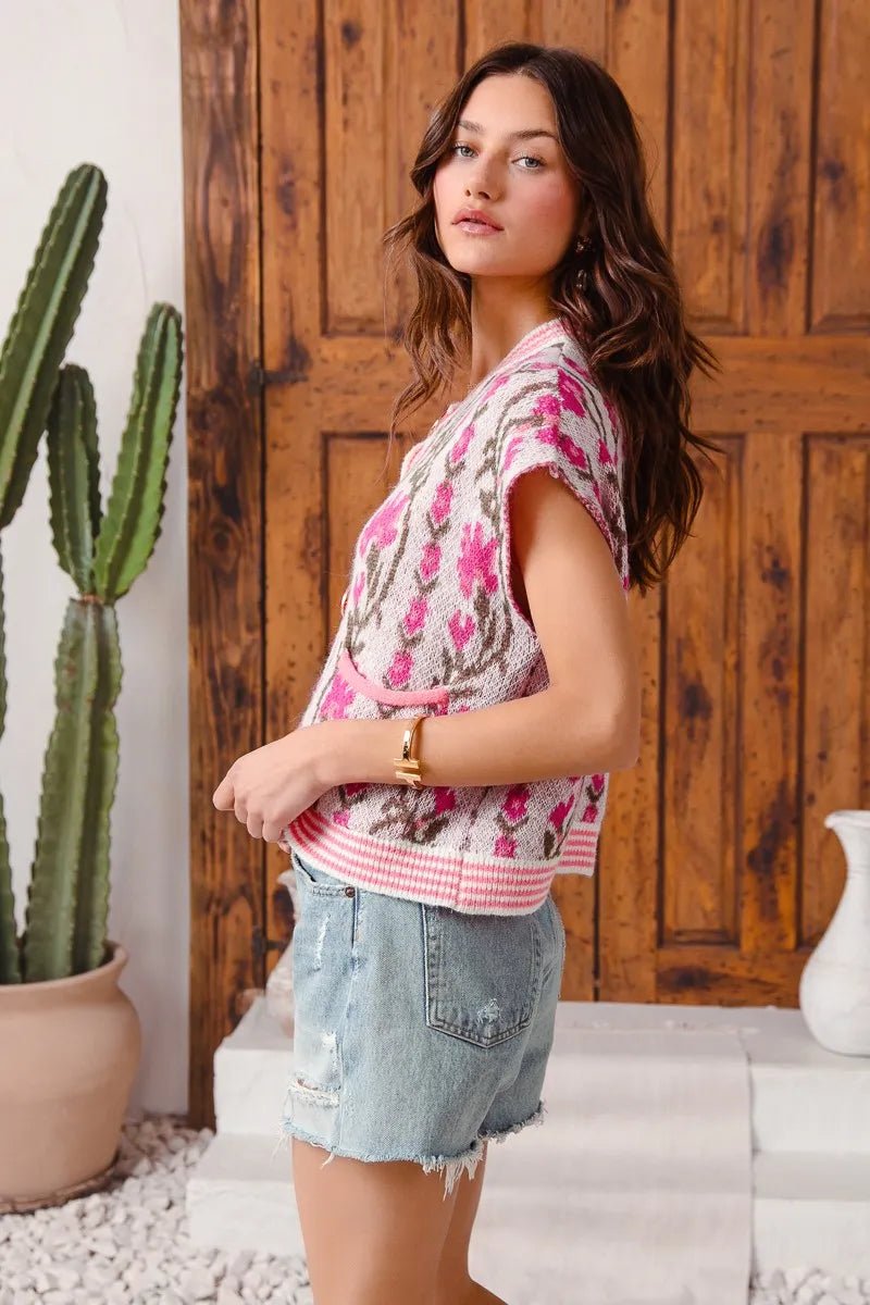 SO ME Button Front Floral and Stripe Knitted Sweater Vest - Blu Lotus Boutique