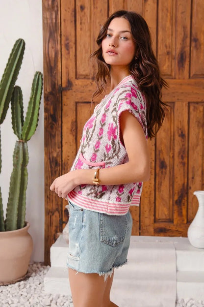 SO ME Button Front Floral and Stripe Knitted Sweater Vest - Blu Lotus Boutique